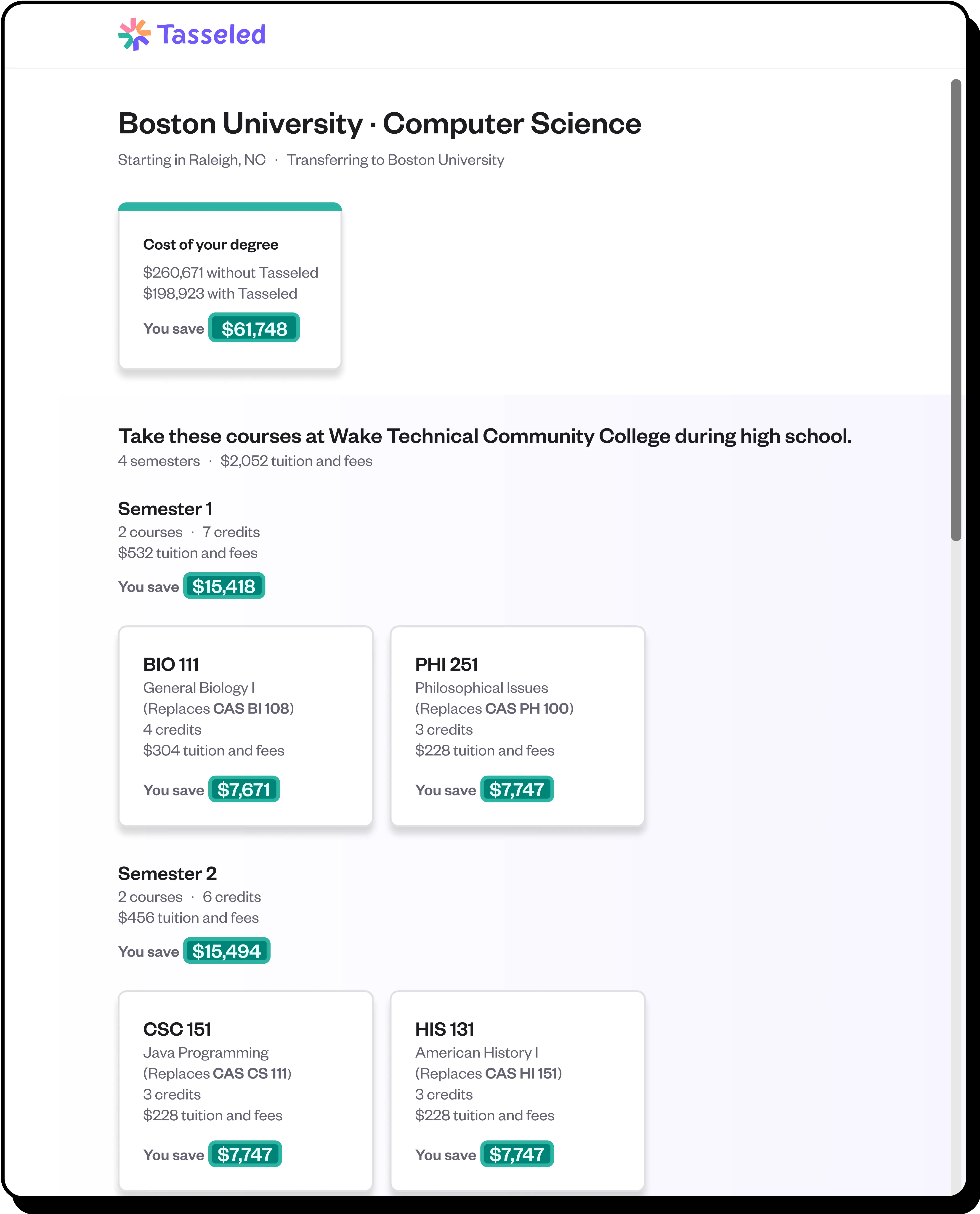 Degree matching interface showing potential savings